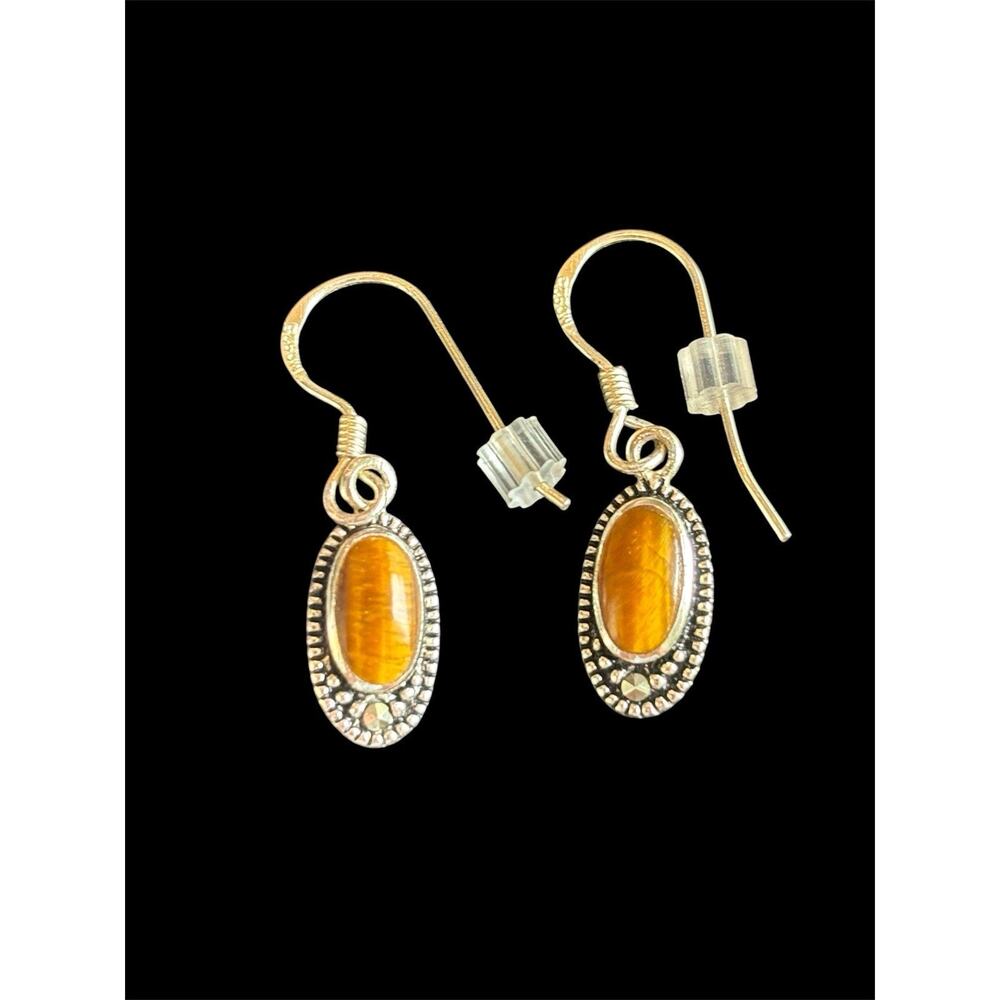 Sterling Silver Oval Tigers Eye Dangle Drop Earrings 925